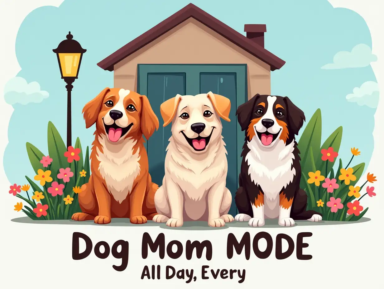 Vector. The text 'Dog Mom mode All Day, Every Day' should be displayed below the dogs. The image should feature three dogs sitting on next to a house with a happy expression. The dogs should be surrounded by colorful flowers and a street lamp. The background should be a clear blue sky. Digital art with a realistic style.