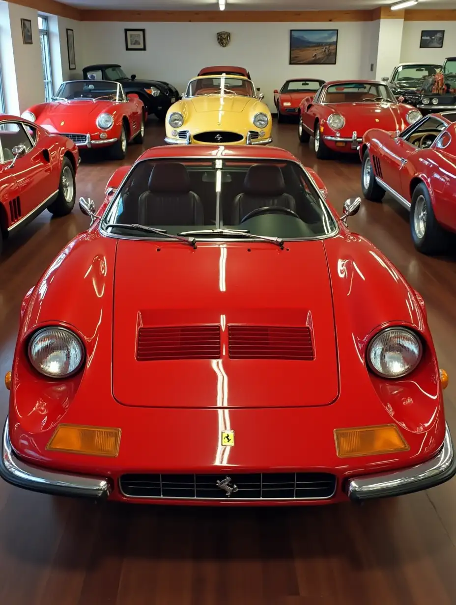 A collection of classic Ferraris, each a masterpiece of automotive engineering. The cars are displayed in a meticulously organized garage, a testament to the owner's passion.