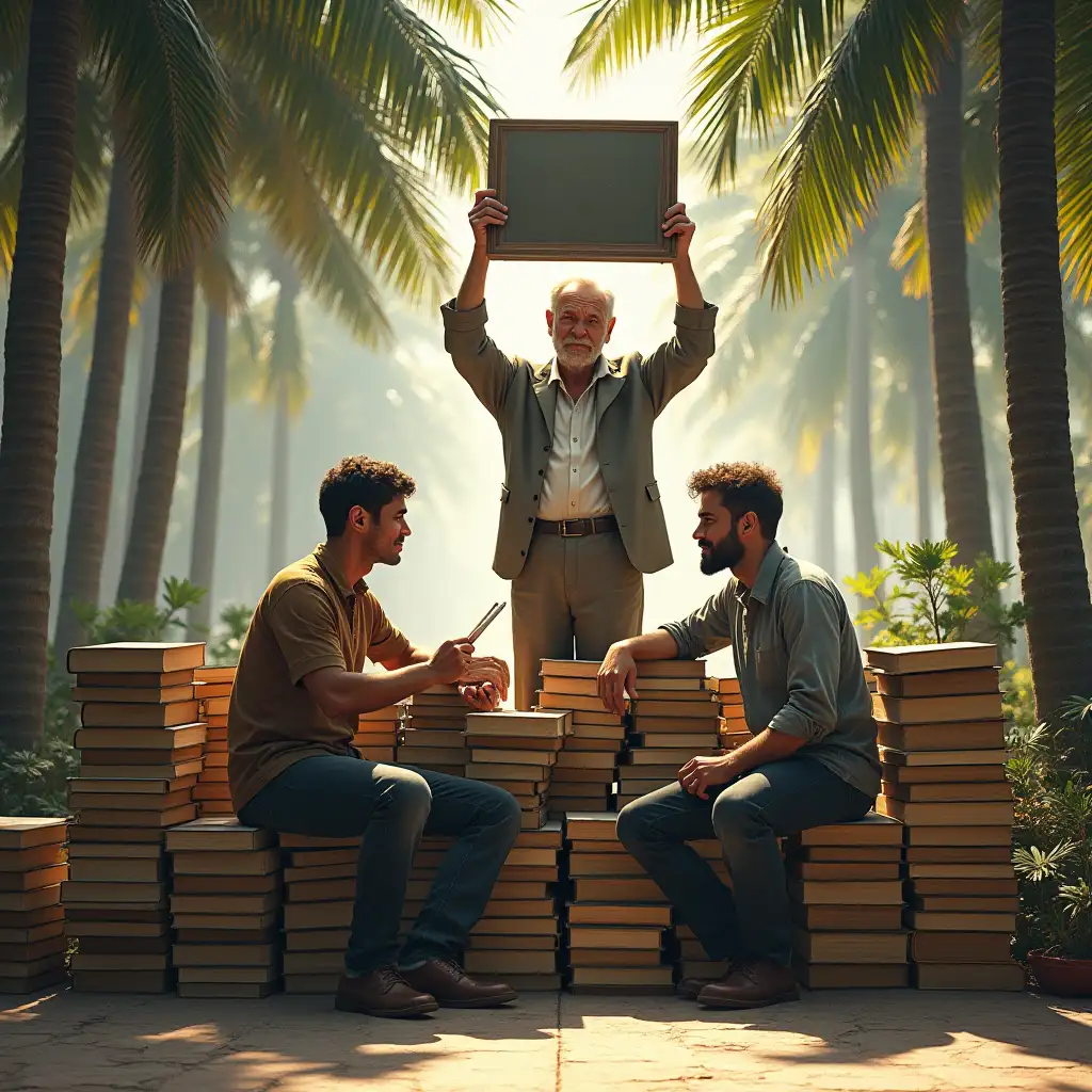 A young man (with an engravers Pen and a copperplate in his hand) and an teaching older man sit next to each other on a bench formed by several stacks of thick books, behind them another man stands upright, lifting a particularly thick book above his head, making the scene seem somewhat threatening. The ambience is formed by palm trees like a frame, shady sun light