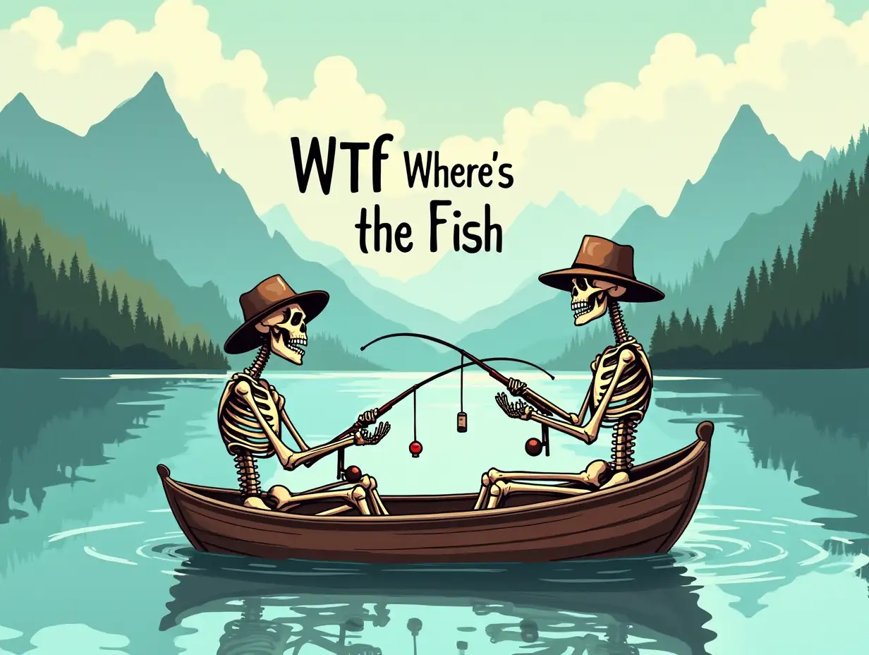 Vector, caricature. The image should feature two skeletons wearing hats and fishing rods, sitting in a boat on a body of water. The image should have a vintage or retro feel, with a color palette of blues, greens, and browns. The text 'WTF Where's the Fish' should be prominently displayed in the center of the image. Background on a large lake surrounded by mountains. oil paint ink