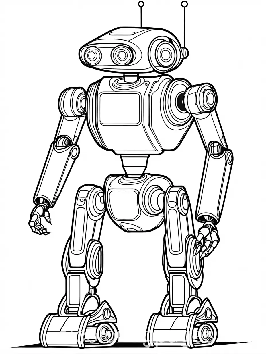a exploring robot, Coloring Page, black and white, line art, white background, Simplicity, Ample White Space