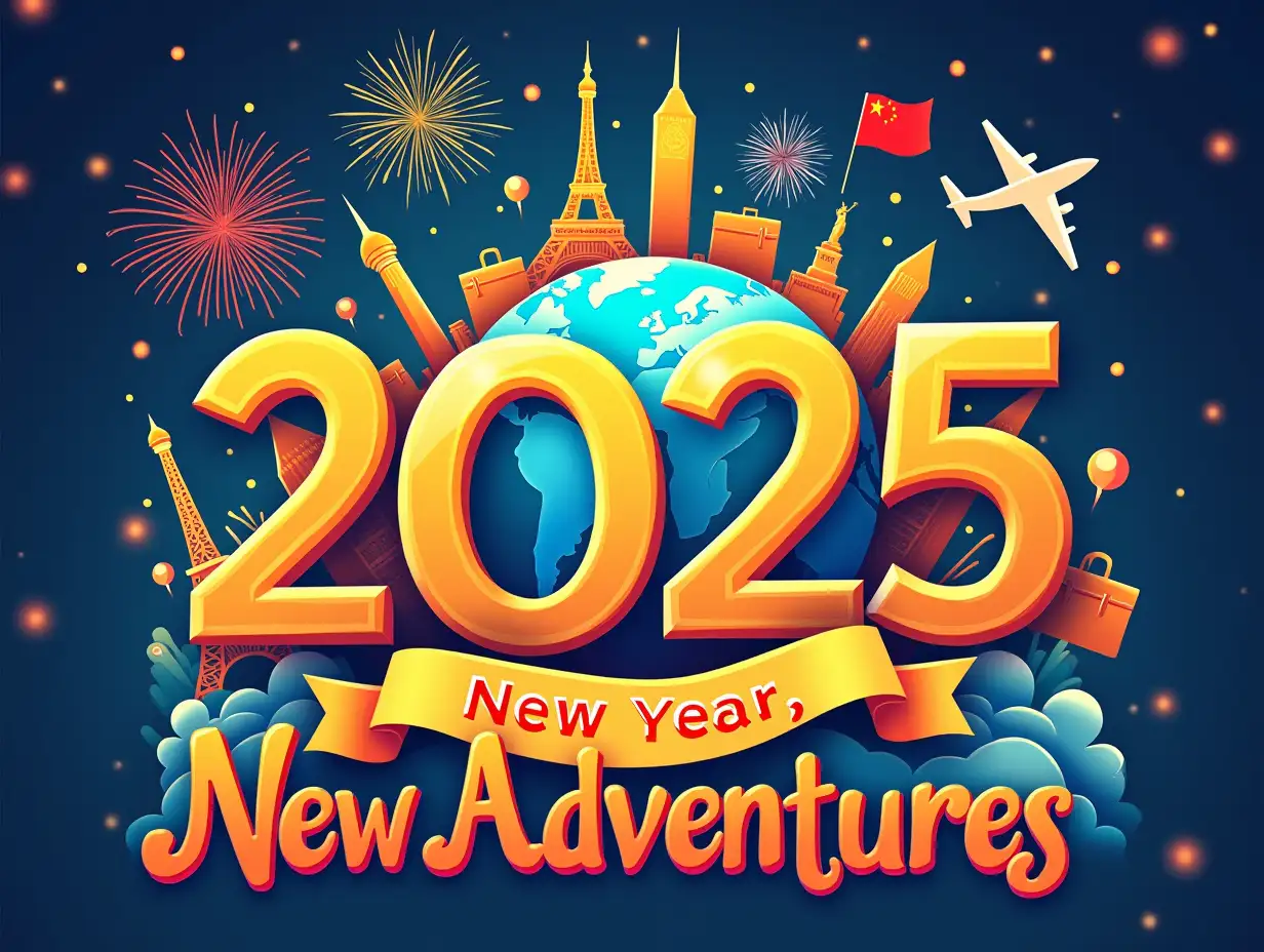 Create a vibrant New Year's poster for a travel company, celebrating 2025. Feature festive colors like gold, red, and blue, with fireworks in the background. Include symbols of global travel like a globe, landmarks (Eiffel Tower, Statue of Liberty, Great Wall of China), and travel essentials such as suitcases, airplanes, and passports. The central message should be 'New Year, New Adventures - 2025' in bold, modern typography. The overall mood should be joyful and adventurous, inviting people to embark on exciting journeys in 2025.