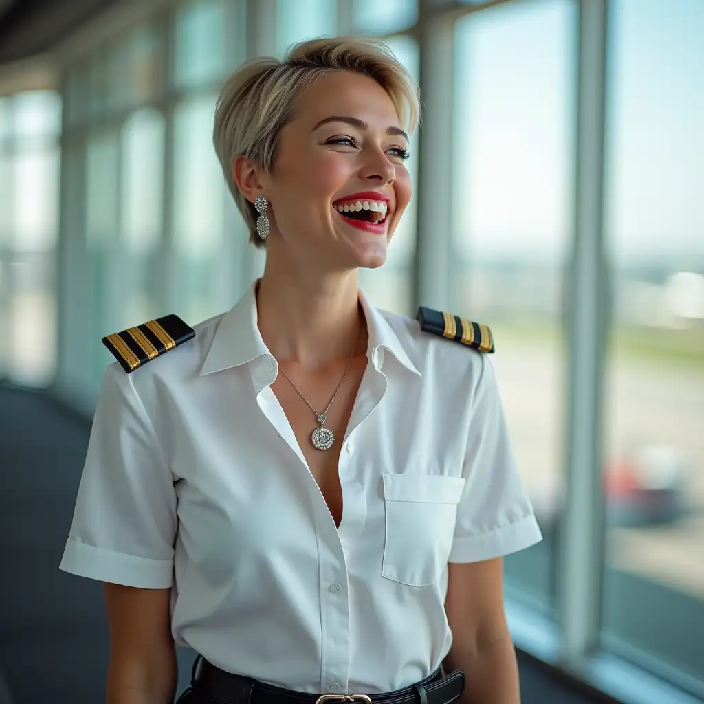 white norvegian pilot lady, in white deep-necked pilot shirt, laughing with her mouth open, red lipstick accentuating her smile,belt on waist, big wide hips, chest are fully grown, jewerly, short hair, HD, enjoing at airport , photo-realism