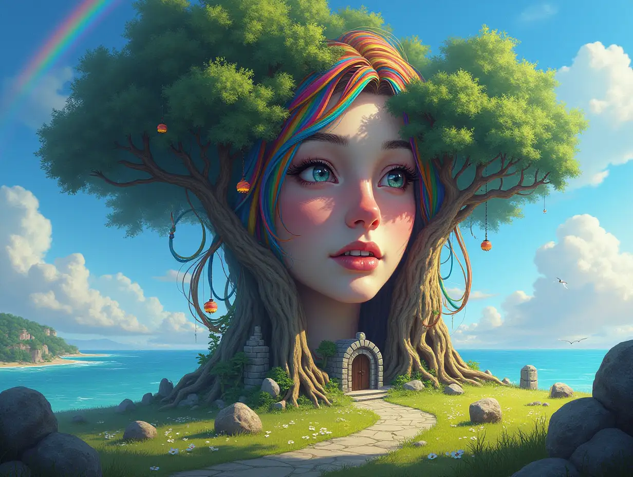 Creating a digital painting transforms a face with rainbow hair into a building with stones and trees with roots and rocks and lanterns by the sea, alien creatures in a meadow with a rainbow-blue sky