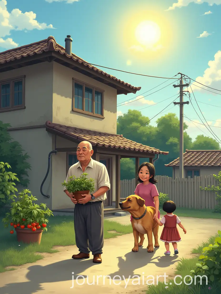 Grandfather-and-Family-in-Traditional-Korean-Setting-with-Chindo-Dog-and-Tomato-Bush