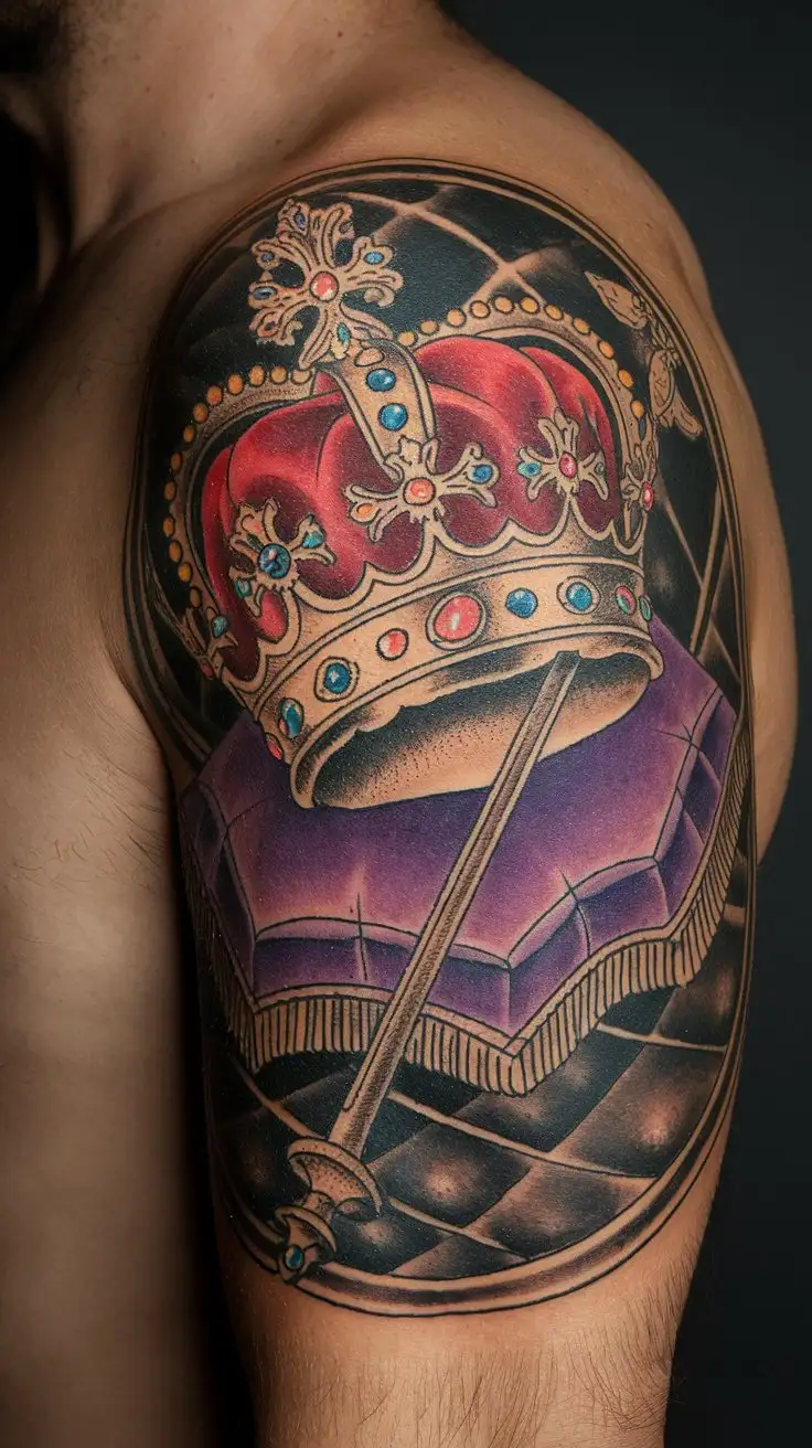 CloseUp-Shot-of-Medieval-Engraving-Tattoo-with-Royal-Crown-Jewels-and-Ermine-Details