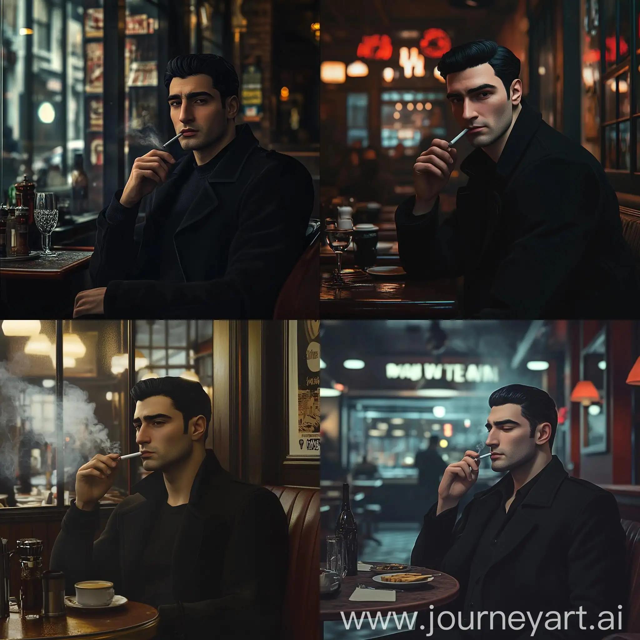 Man-in-a-Black-Coat-Smoking-a-Cigarette-in-a-Restaurant