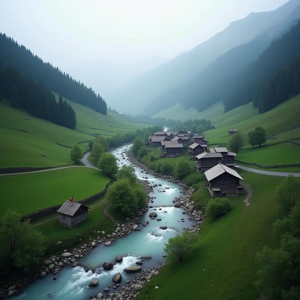 Aerial view of a village located by a stream in the mountain