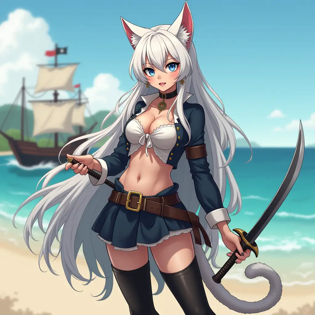 A mature adult tall feline/woman dressed as a pirate with a sword on a beach. A pirate ship in the background. Her 30-something years are disguised by her youthful facial features, except for her subtle wrinkles around the eyes, extremely slender body. Her ample bosom strains against her clothing, threatening to burst free from the fabric, extreme cleavage. Midriff. Wearing black thigh high pirate boots. She has piercing blue cat eyes. A choker adorns her neck, a subtle hint at her feline nature. Her long, white hair cascades down her back like a wild waterfall, tangled and disheveled. Her cat-like teeth glint in the light, as her white fur-lined ears punctuate her visage with sparkling black and gold earring adorns each ear, adding a touch of elegance to her feline features. Cat whiskers on her face. The attached tail at the base of her spine stirs lazily. Long fingernails. Full body view. Anime.