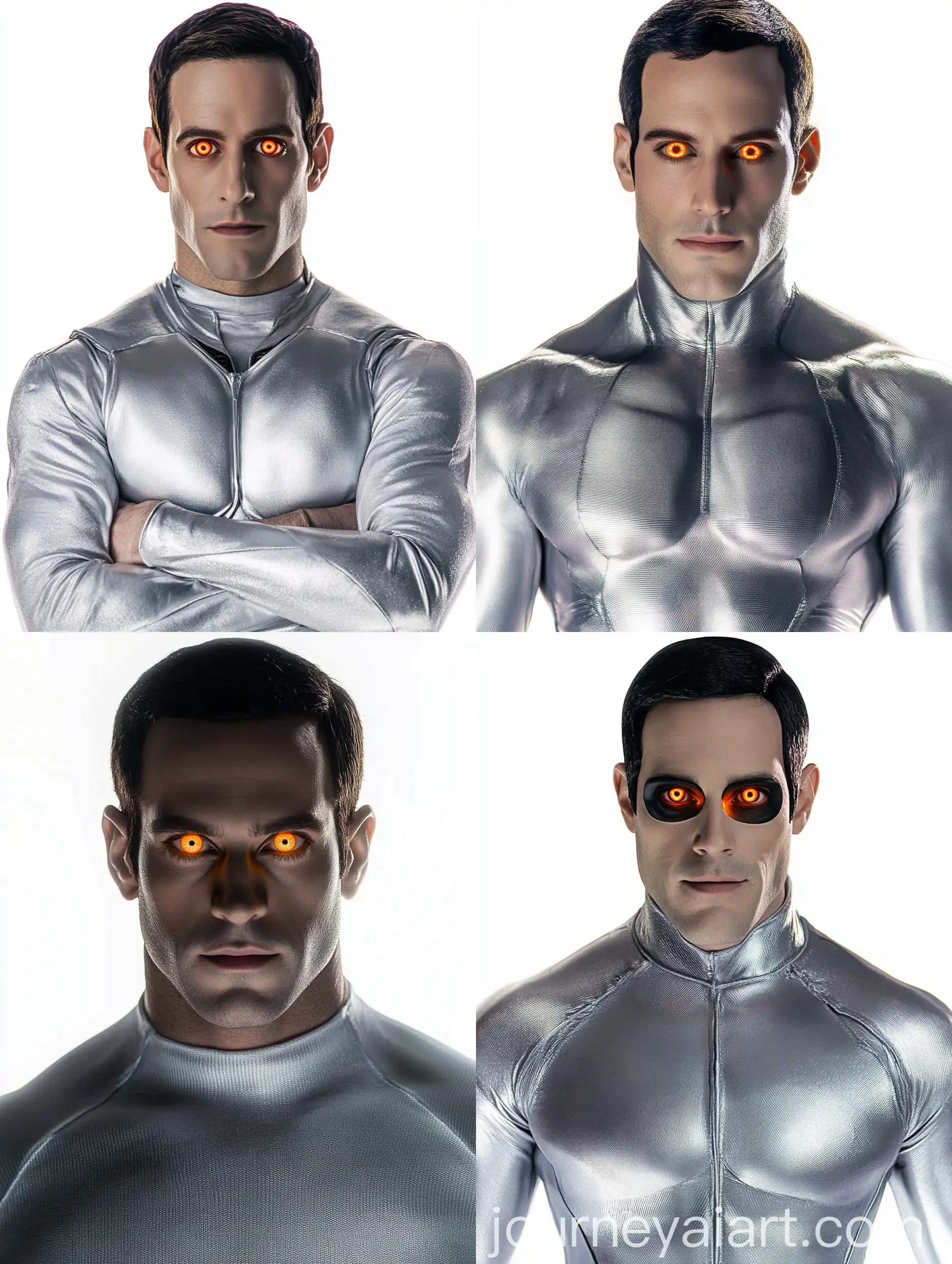 Man-with-Striking-Orange-Eyes-in-Silver-Morphsuit-on-White-Background