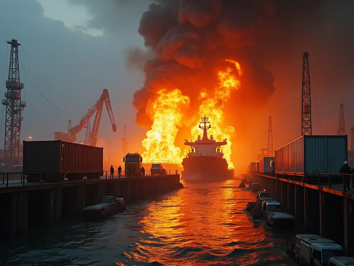 Image of an explosion at the dock and the escape of people, workers, and trucks