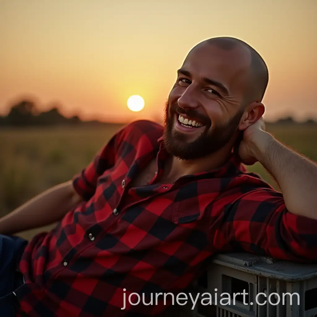Bald-Man-with-Beard-in-Red-and-Black-Plaid-Shirt-Smiling-at-Sunset