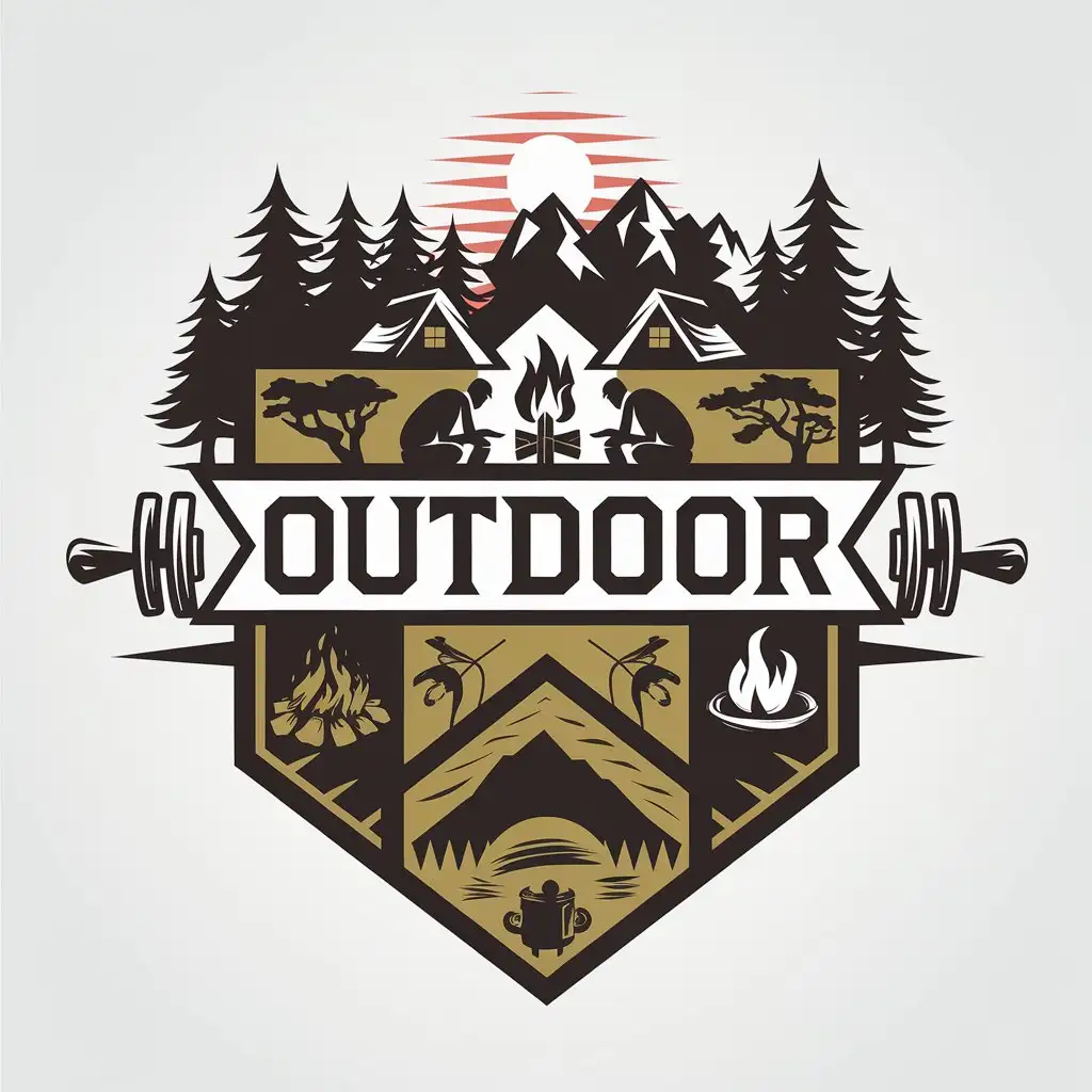 a vector logo design,with the text "OUTDOOR", main symbol:Woods, campfires, camping, campers sitting around campfires, sunset, distant mountains,,complex,be used in Sports Fitness industry,clear background