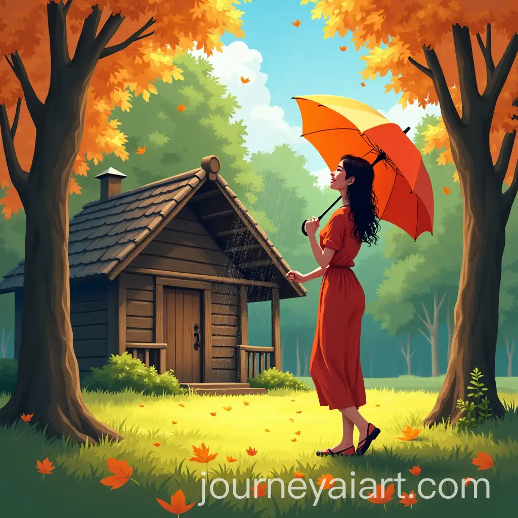Malay-Woman-Twirling-Umbrella-in-Cabin-Lawn-with-Fall-Leaves-and-Sparkling-Rain
