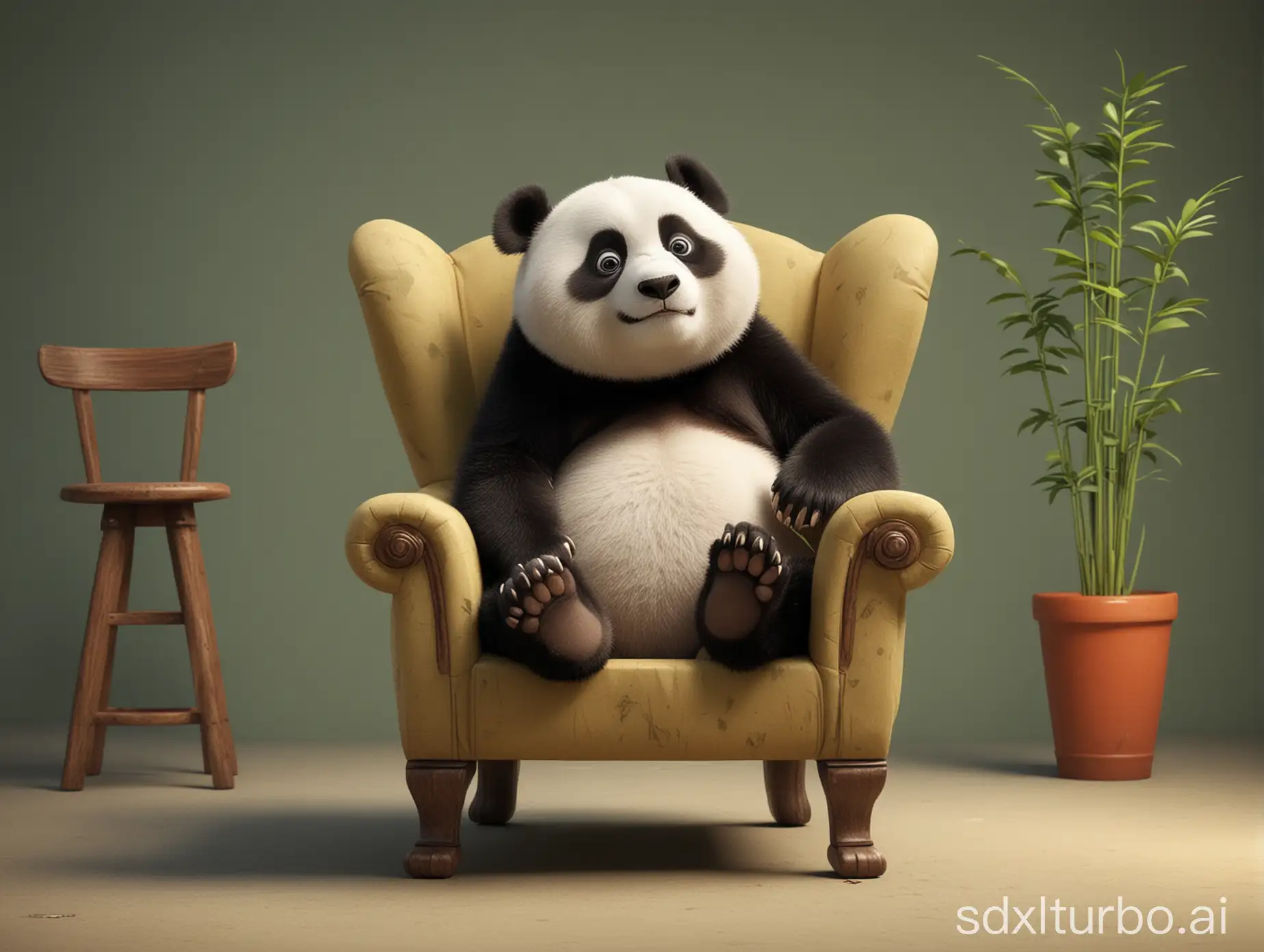 Anthropomorphism, a panda, sitting in a chair, holding his head, thinking, cute, cartoon, Pixar style
