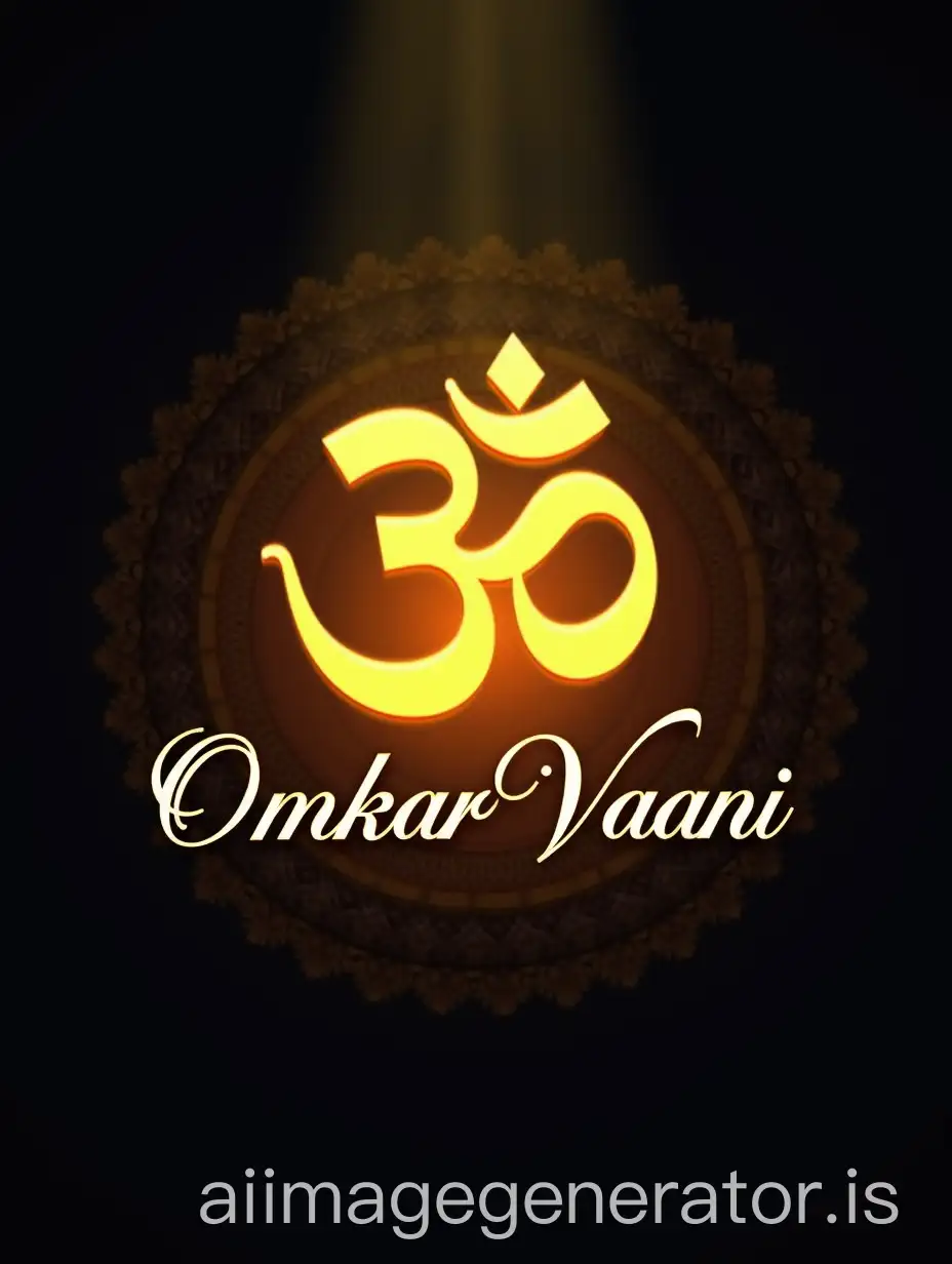 A spiritual and serene logo design for a YouTube channel named 'OmkarVaani'. The logo features the sacred 'Om' symbol glowing in golden light, radiating soft spiritual energy. Behind the Om, there's a subtle mandala pattern with intricate traditional Indian designs. The background is a gradient of deep indigo and saffron, symbolizing divinity and purity. Beneath the symbol, the channel name 'OmkarVaani' is written in elegant Devanagari-style English font, in white or gold. The overall mood is peaceful, divine, and sacred, suitable for a devotional mantra and bhajan music channel.