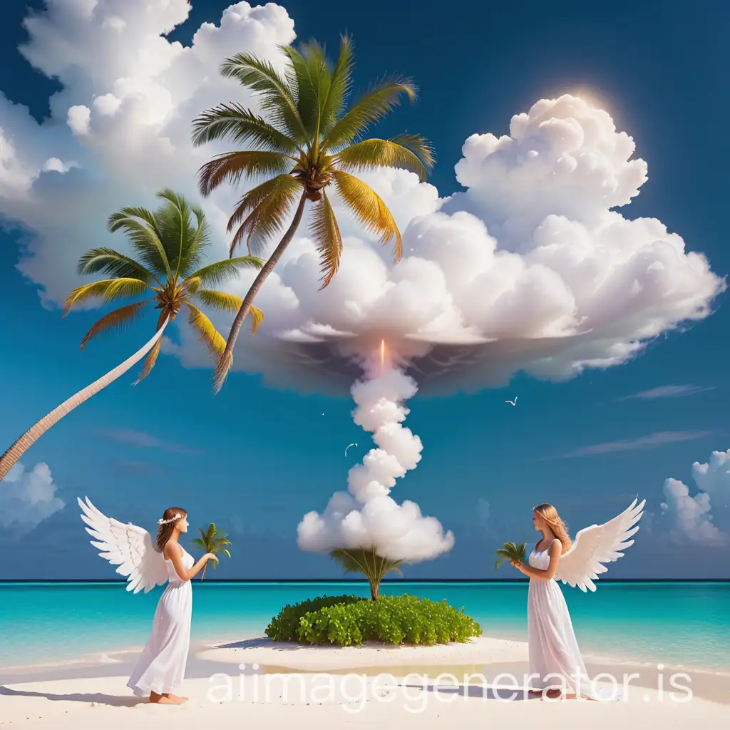 Angels-Descending-from-Cloud-on-a-Deserted-Island-with-Palm-Tree