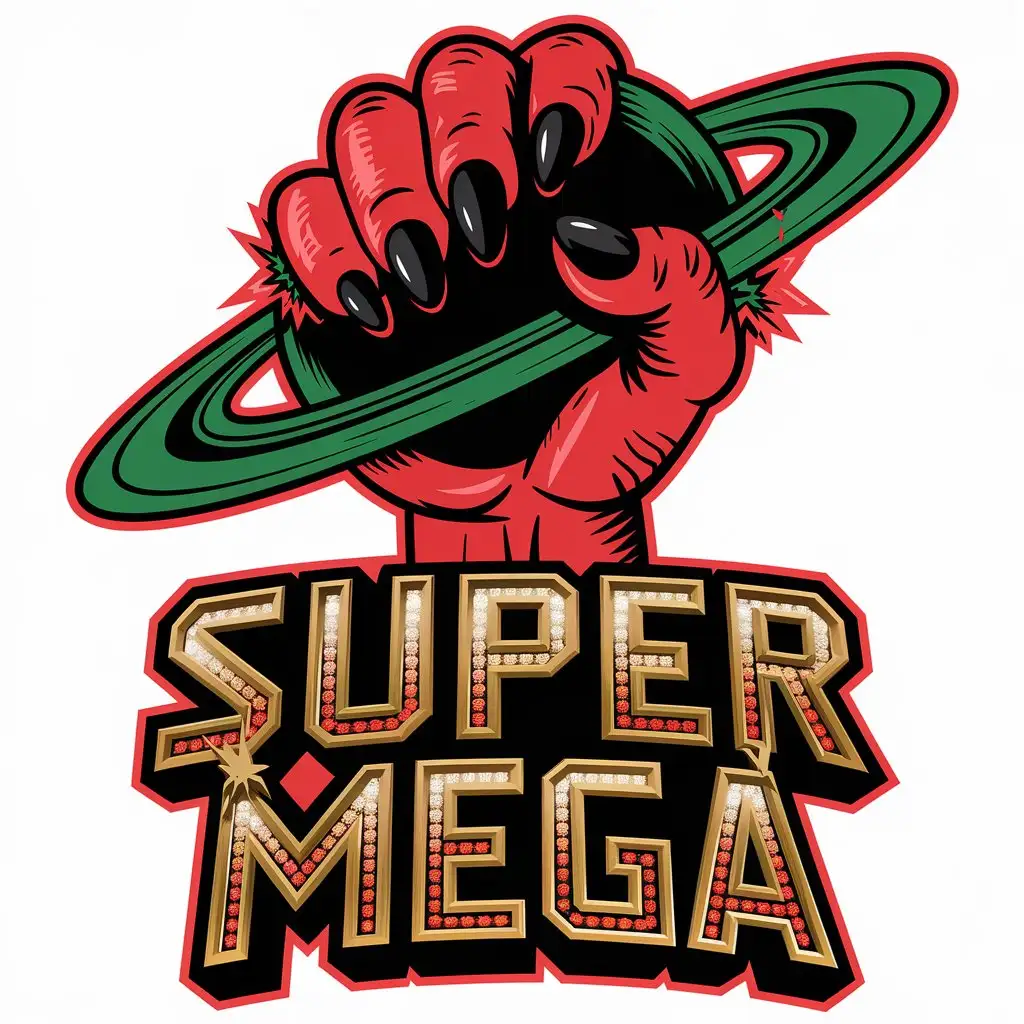 LOGO Design for SUPER MEGA Bold Red Monster Hand Gripping an Exploding Planet