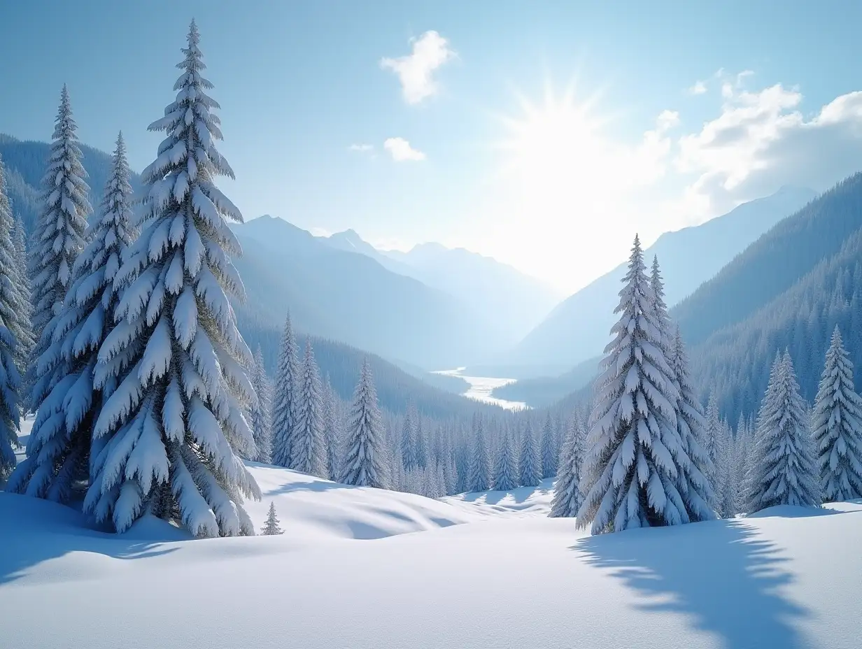 Stunning-Winter-Mountain-Valley-with-Snowcapped-Trees-and-Frosty-Morning-Sunlight