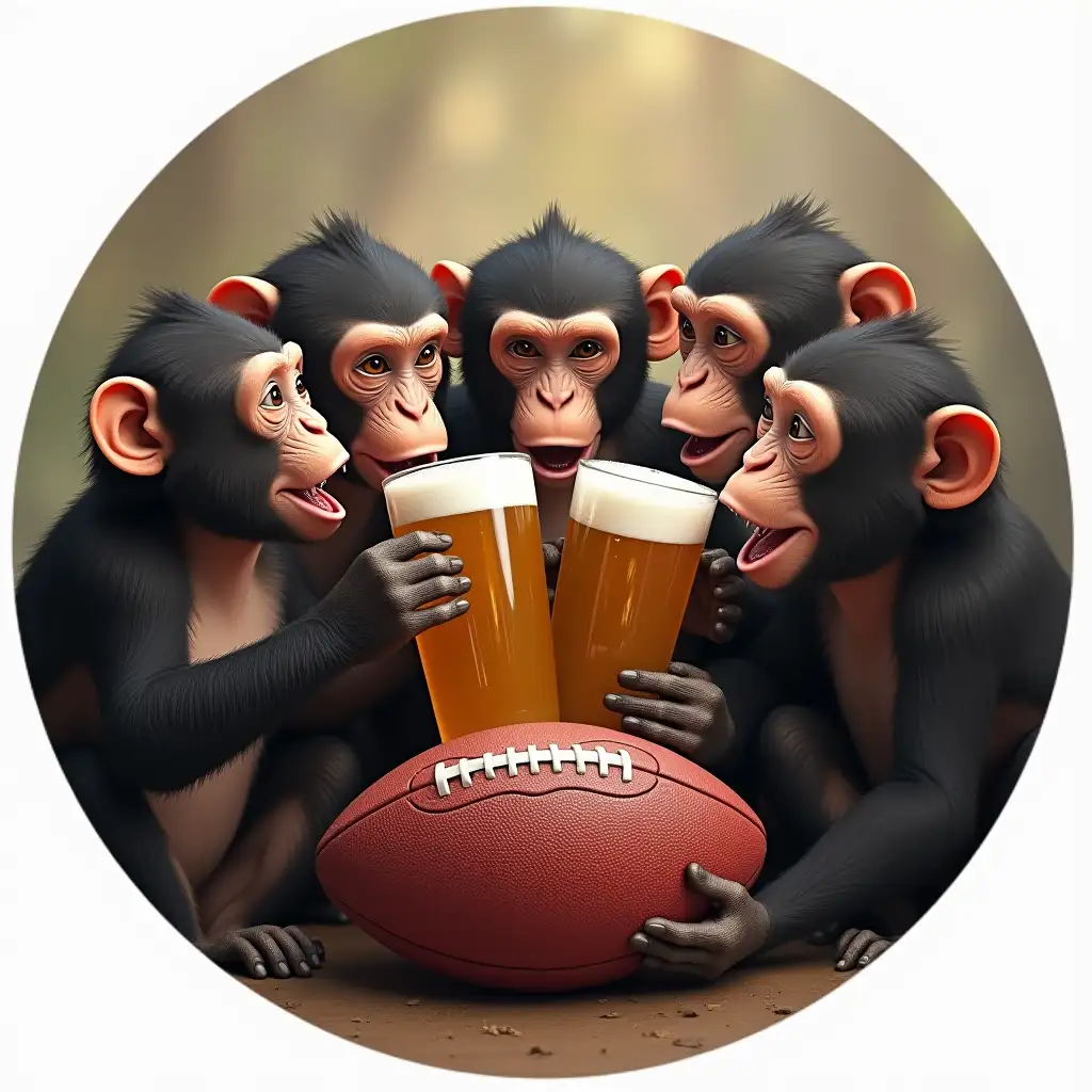 Circular image of 5 happy monkeys all drinking beer around an NFL football