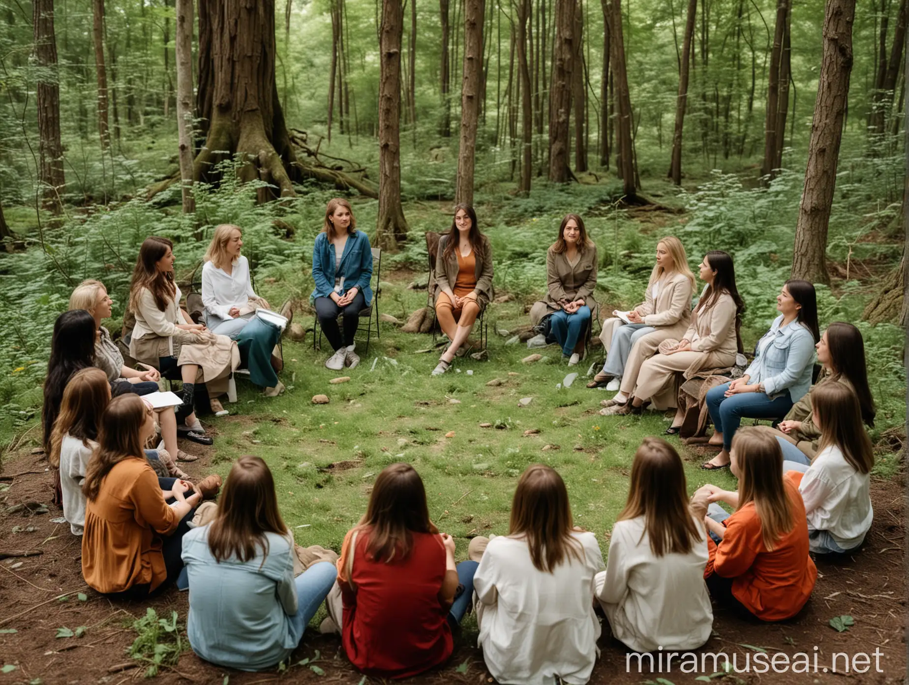 Circle of Women Listening to Female Leader Outdoors