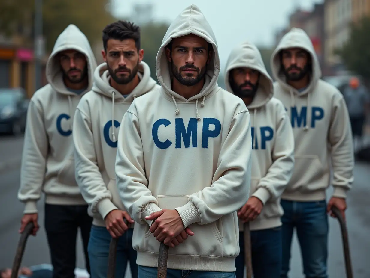 A group of 5 men in a frontal line looking straight ahead with a closed expression, with a white hoodie sweater with CMP written in blue and with a hood on their head, each one using a thick iron bar in their hand in a street scene with men lying on the ground injured.