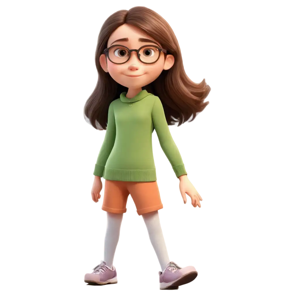 a girl, in Pixar style, 12 years old with glasses