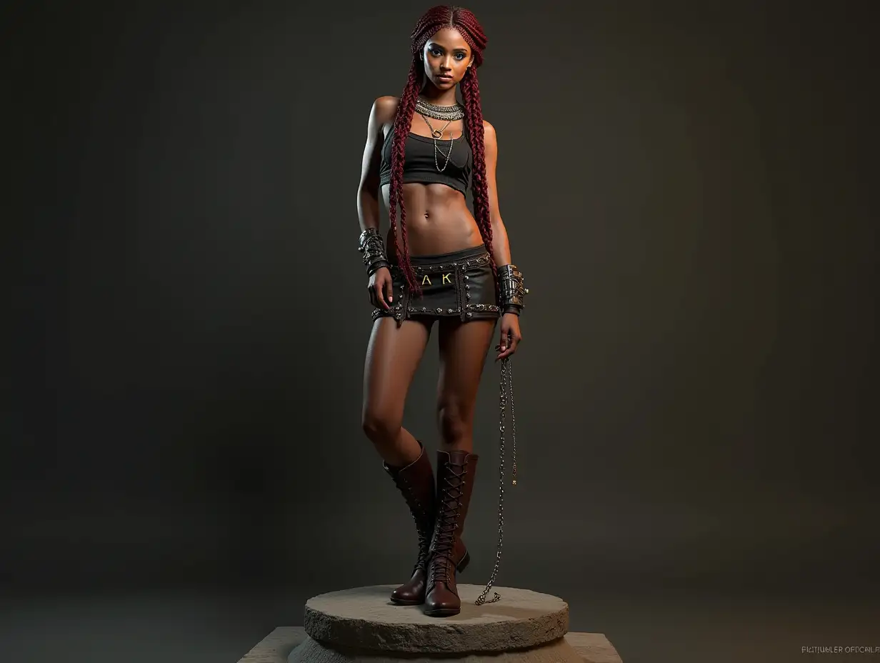 Ultradetailed hyperrealistic digital photo of a woman with black,red braids, boots, mini skirt with chains and stone necklace on a pedestal with beautiful shoes, paying meticulous attention to texture, surface and lighting to give depth, dimension and a photorealistic look.