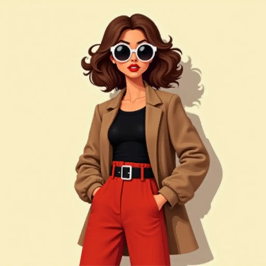 A 3d digital illustration of a stylish woman with messy brown wavy bob hair, red lips and tanned skin. She is wearing oversized, see through round sunglasses, a black inner and oversize blazer, a red cullotes with a wide black belt. Her hands are casually tucked into the pockets of her pants, cozy style. The background is a plain, light beige, with a long shadow of the woman cast on it, suggesting a strong light source from the left. The illustration style is modern and clean