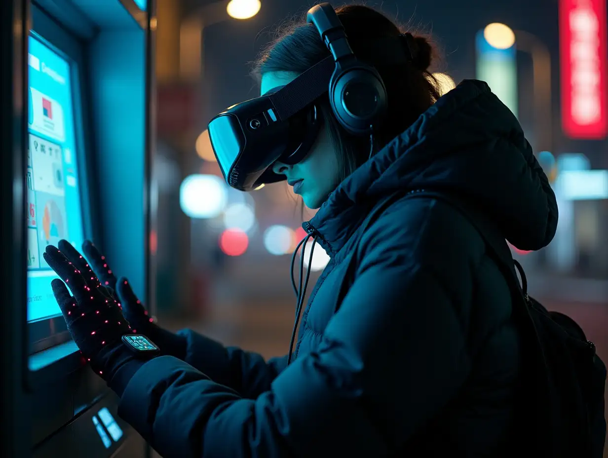 a young stealth female hacker on a street at night, programming atm machine, hands covered, wearing puffer jacket, vr goggles, headphones, smartwatch over electronic gloves, lots of wearable cyberpunk hardware, many wires connected from atm to gloves