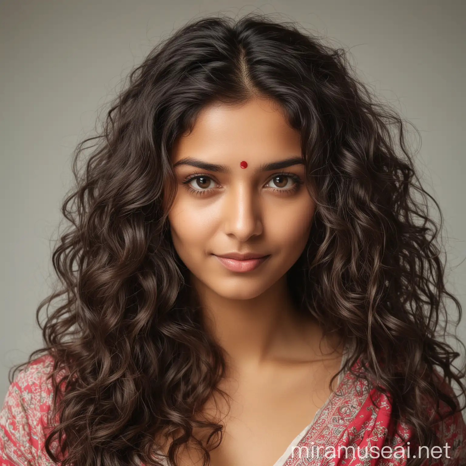 Indian Woman with Wavy Hair and Intense Gaze