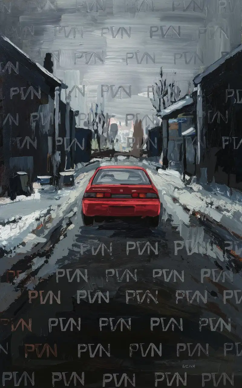 repeating 'PVN' painting on an abstract view of the dark snowy russian suburbs. One red 1993 coupe honda civic  on the background.