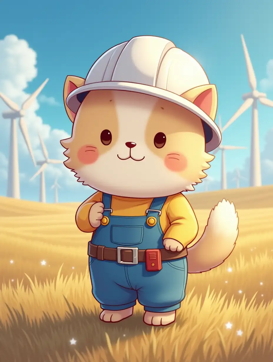 kawaii positive little fluffy anime style fluffy a light beige cat installer in a white helmet and overalls with a safety belt. Fields with wind farms in the background with atmosphere of magical glow, paint in cartoon anime style