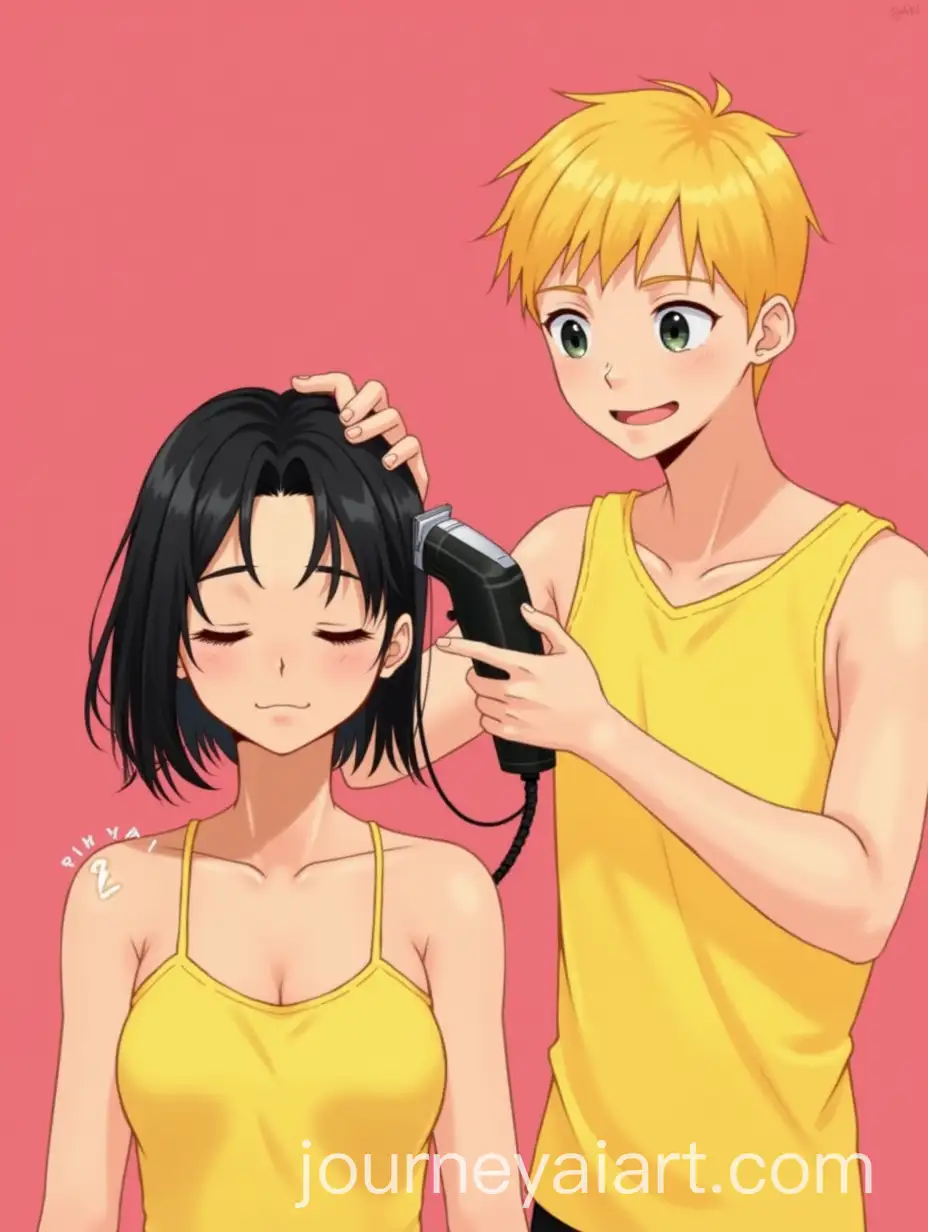 Young-Woman-Getting-a-Haircut-by-a-Young-Man-with-Clipper-in-Bright-Pink-Room