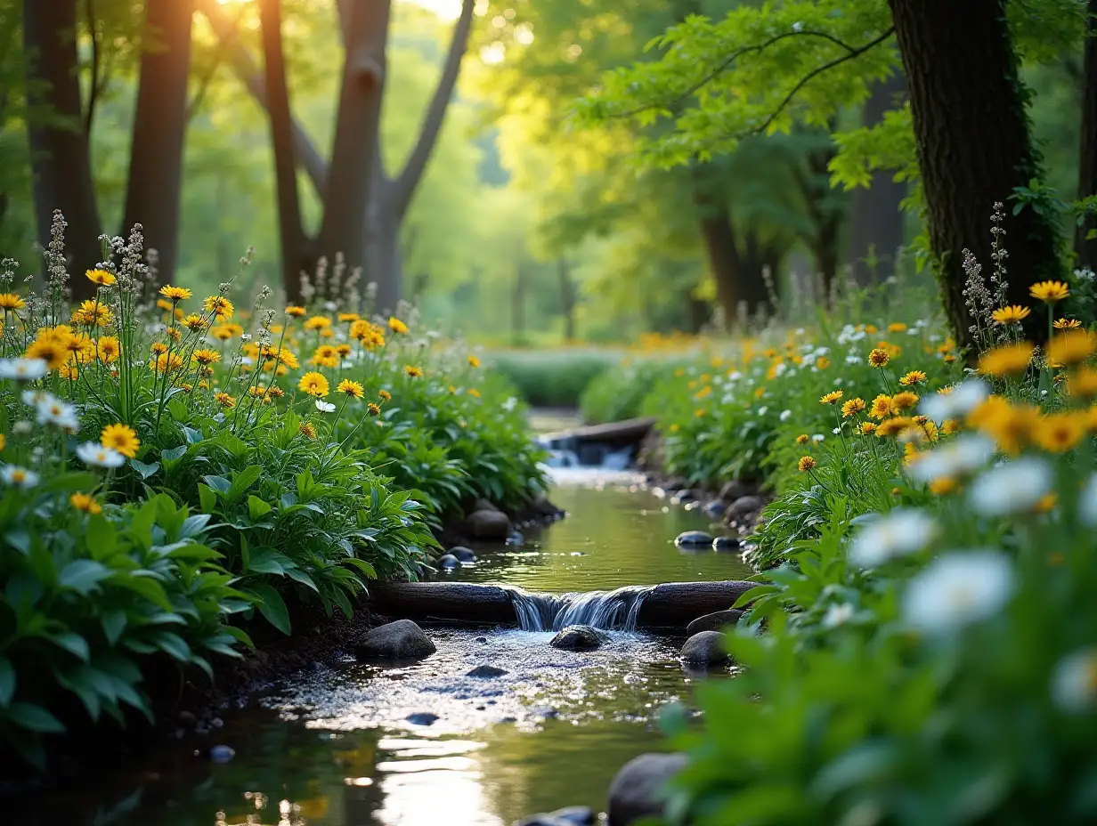 Garden, greenery, flowery, brook, spring, saturated colors