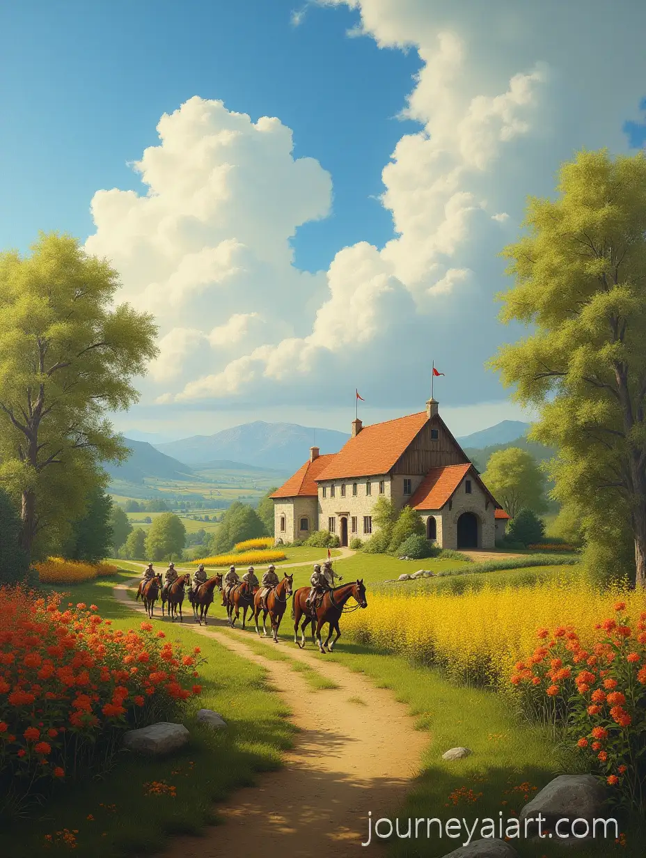 Medieval-Garden-Near-FarmMedieval-Garden-Scene-with-Soldiers-Crossing-Spring-Season-Cinematic-Oil-Painting
