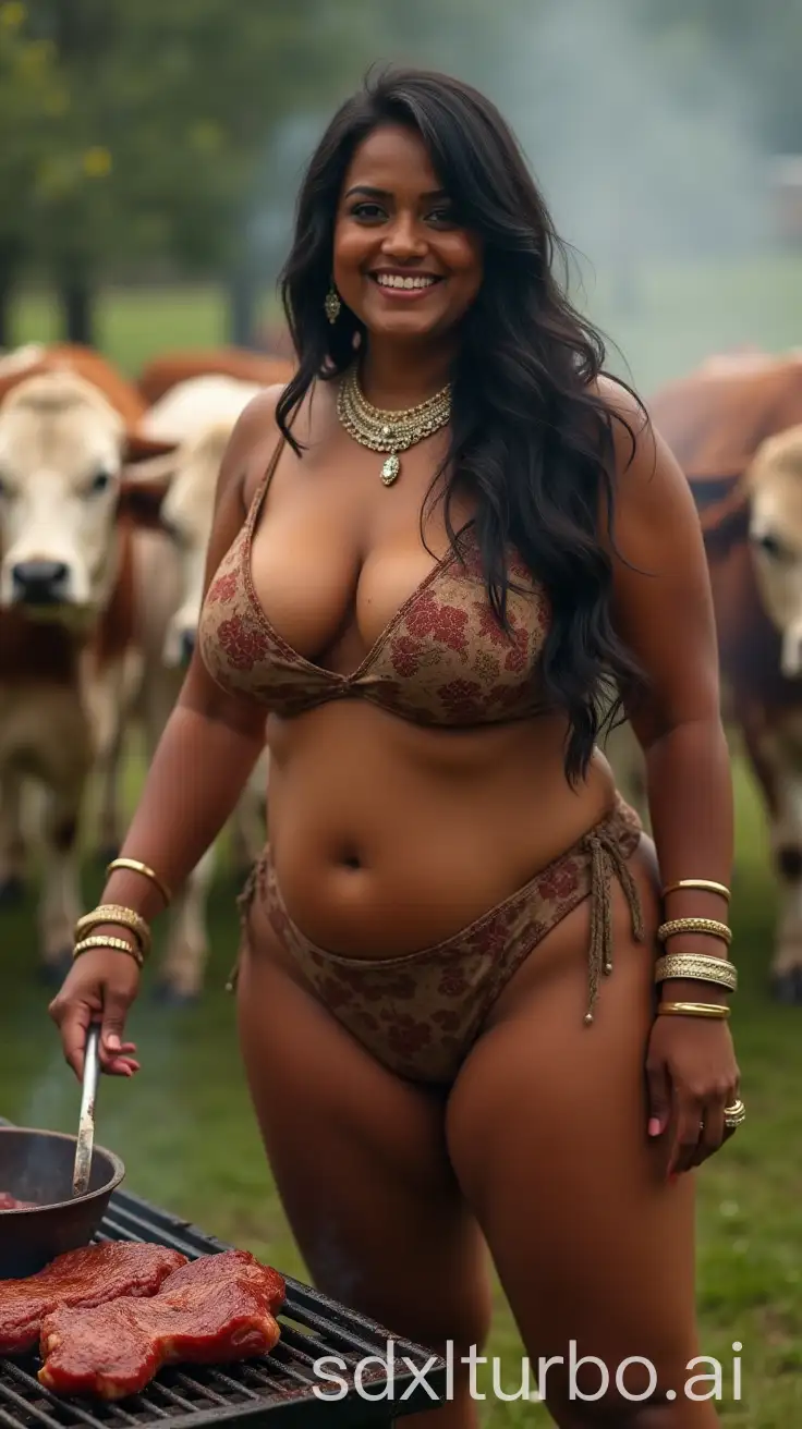 Chubby-Indian-Woman-Cooking-Steak-on-a-Farm