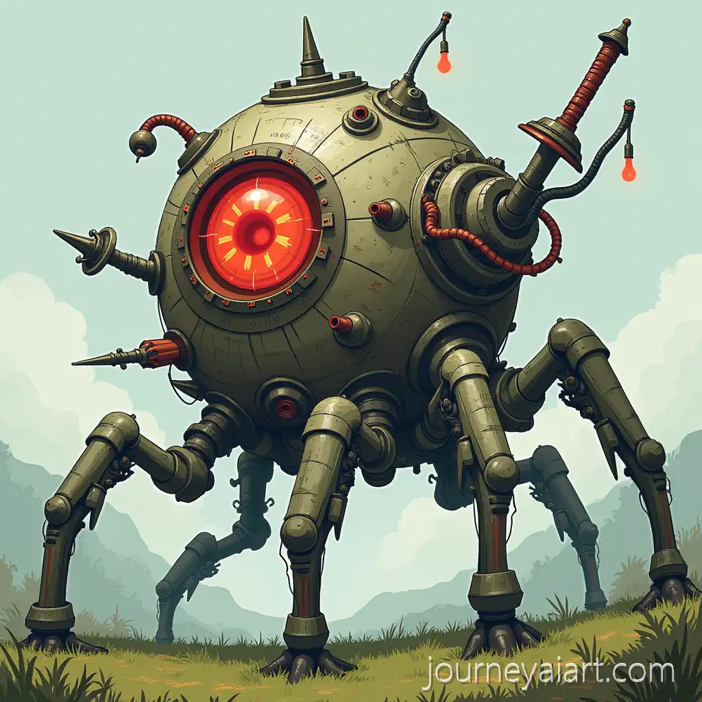 Sentinel-Scuttler-with-Laser-Eye-and-Weaponized-Limbs-Crawling-on-Grass