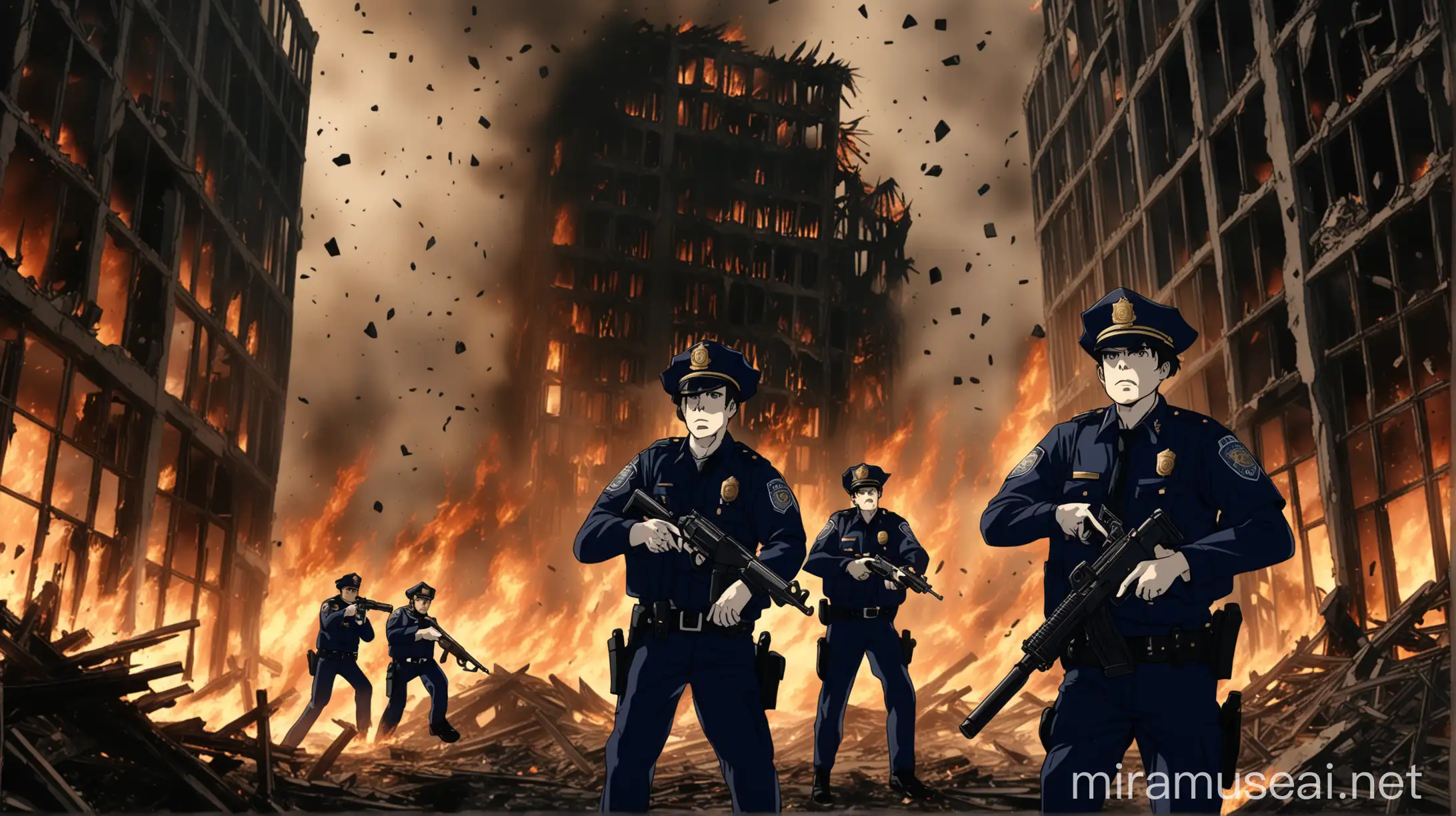 Cinematic Closeup of Police Officers Navigating a Burning Building