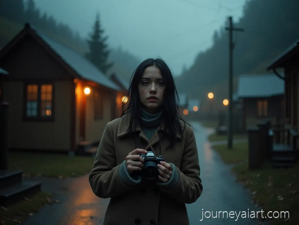 Young-Woman-Photographer-Walking-Alone-in-a-Rainy-Mountain-Town
