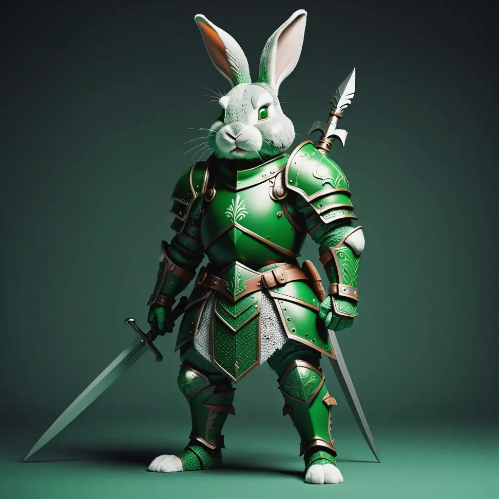 Rabbit Warrior Knight in Green Armor Standing Tall