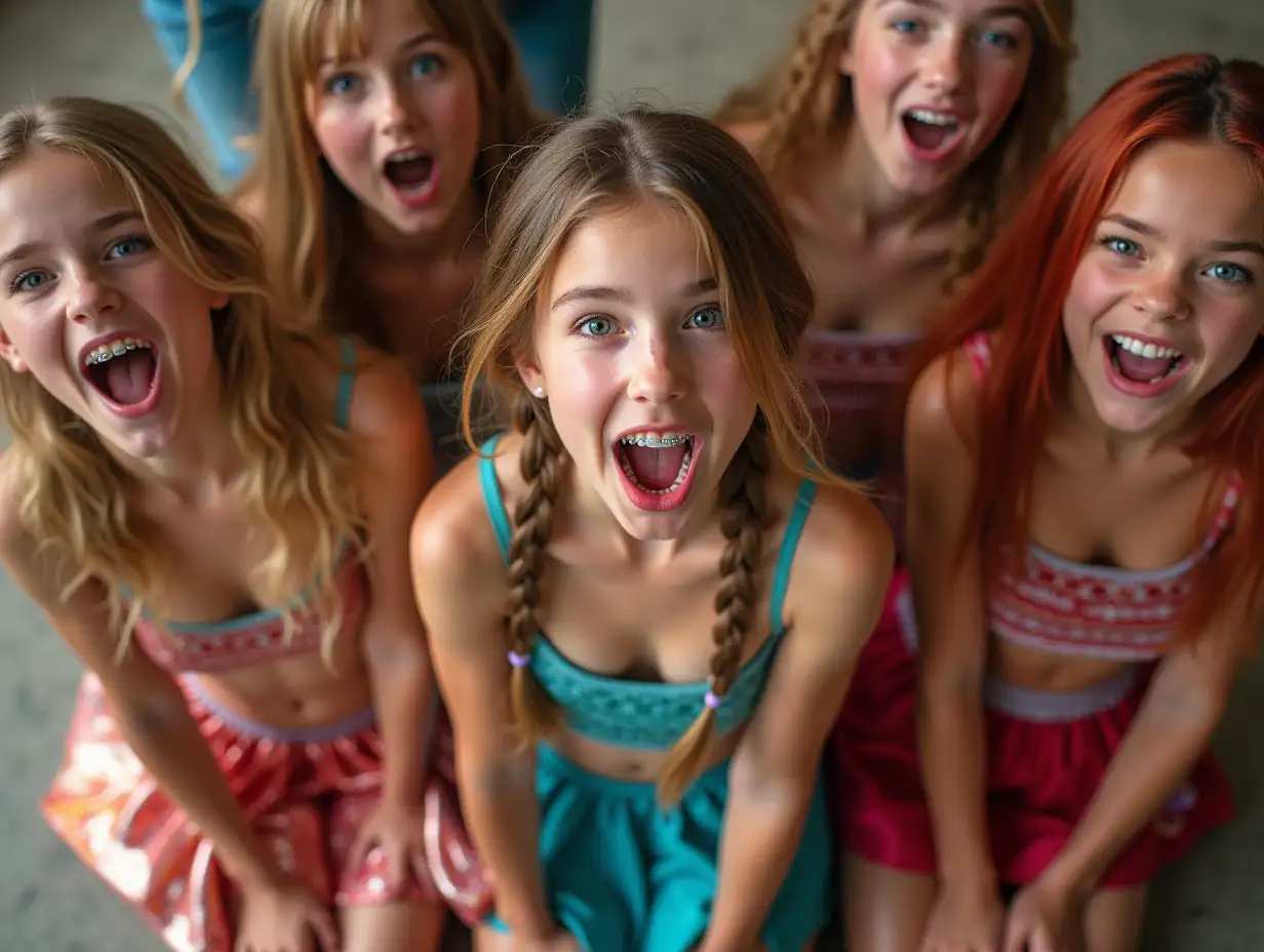 Group-of-15YearOld-Girls-in-Shiny-Metallic-School-Uniforms-with-Braids-and-Bright-Colored-Hair-Ties