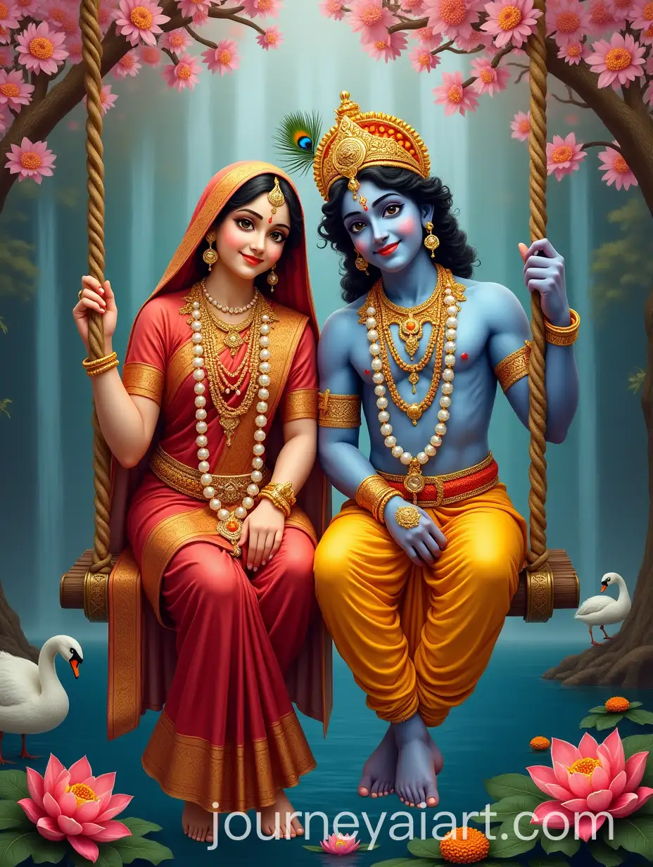 Radha-and-Krishna-on-Celestial-Swing-with-Peacock-and-Waterfall