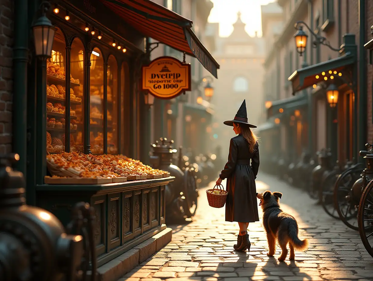 Enchanting steam punk style refined photo. A woman with a shotland shepherd dog is walking towards a witch's cake shop. The store, decorated with a vintage signboard and witch's hat, proudly stands amidst a collection of steam power machines. In the background, there are stone paved roads and complex gears lined up along buildings, spreading out a bustling steam punk cityscape. The woman is holding a basket full of gold coins, and the shotland shepherd dog is captivated by the attractive sweets placed in the shop window. Warm golden sunlight is being thrown on this sight by enchanting morning light.