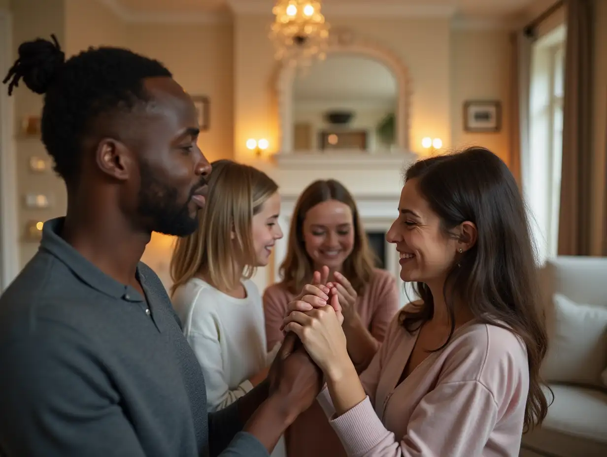 A decent Christian family in a posh home holding hands as they pray together