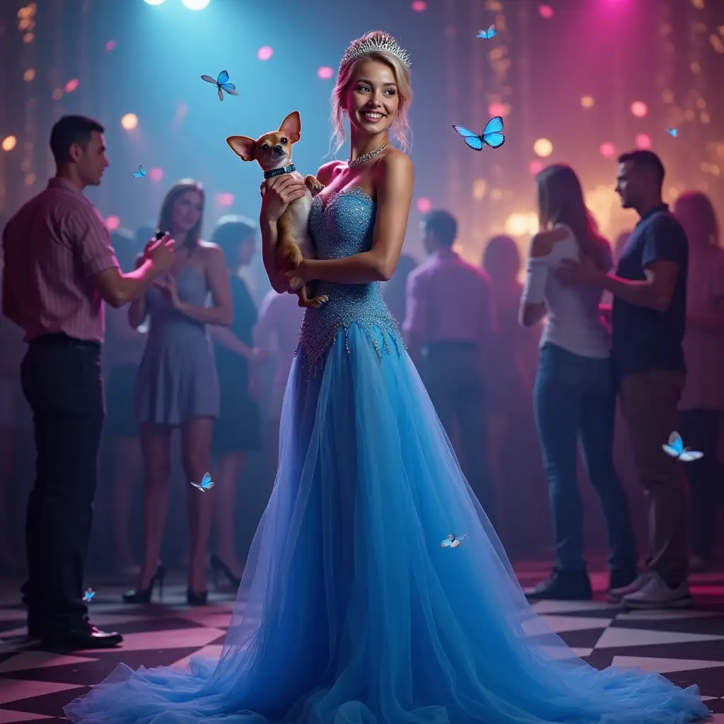 Modern-Cinderella-in-Blue-Party-Dress-at-a-Disco-with-Chihuahua-and-Butterflies