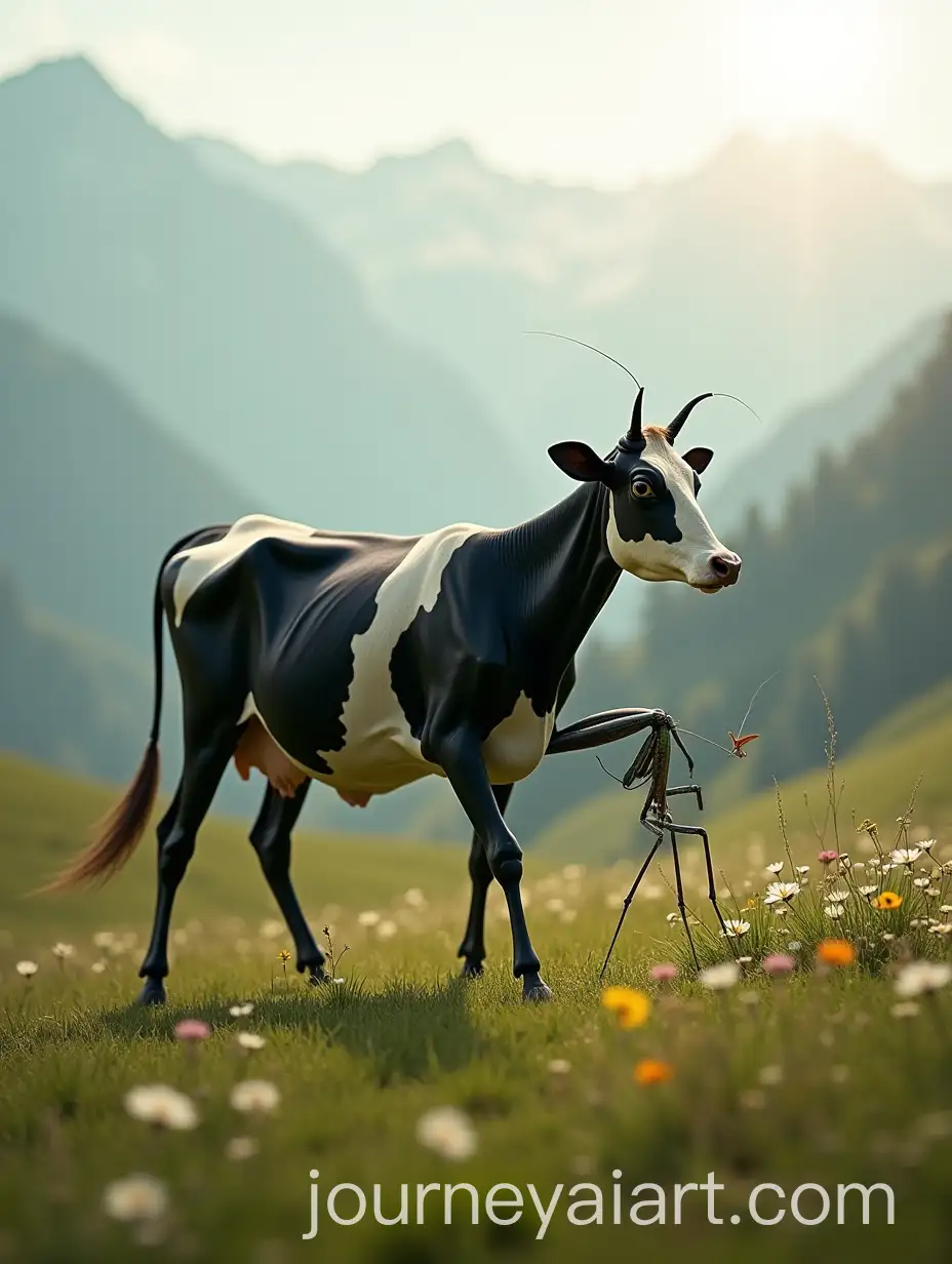 Hybrid-Creature-of-Friesian-Cow-and-Praying-Mantis-Roaming-Tranquil-Mountain-Field