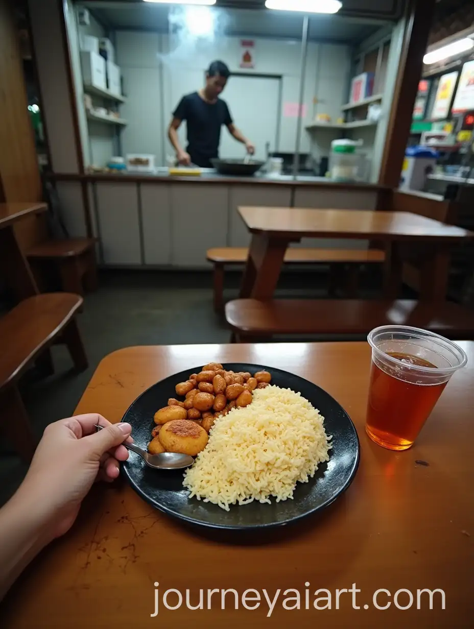 FirstPerson-View-of-a-Man-Holding-Nasi-Uduk-at-a-Busy-Food-Stall