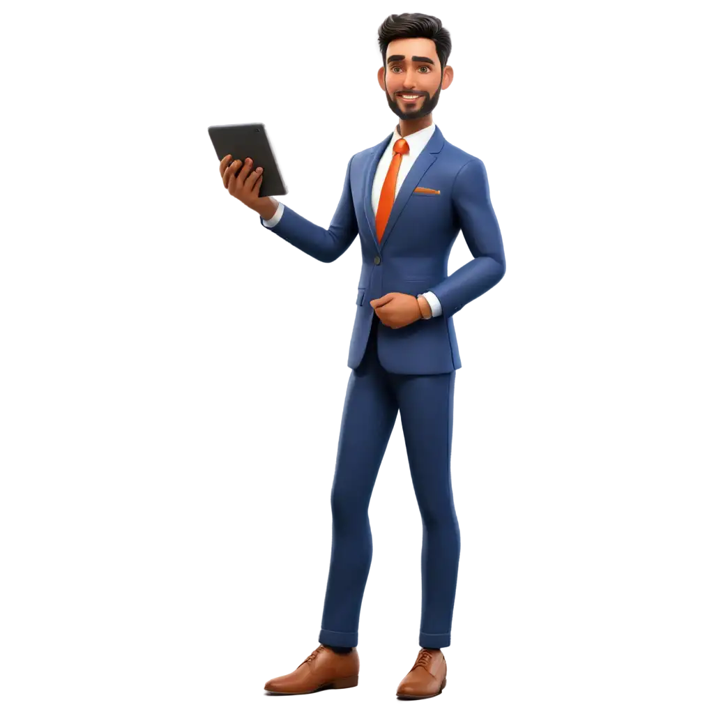 3D-Cartoon-Mature-Confidence-India-Young-Business-Man-in-Navy-Blue-Suit-with-Tablet-PNG-Image