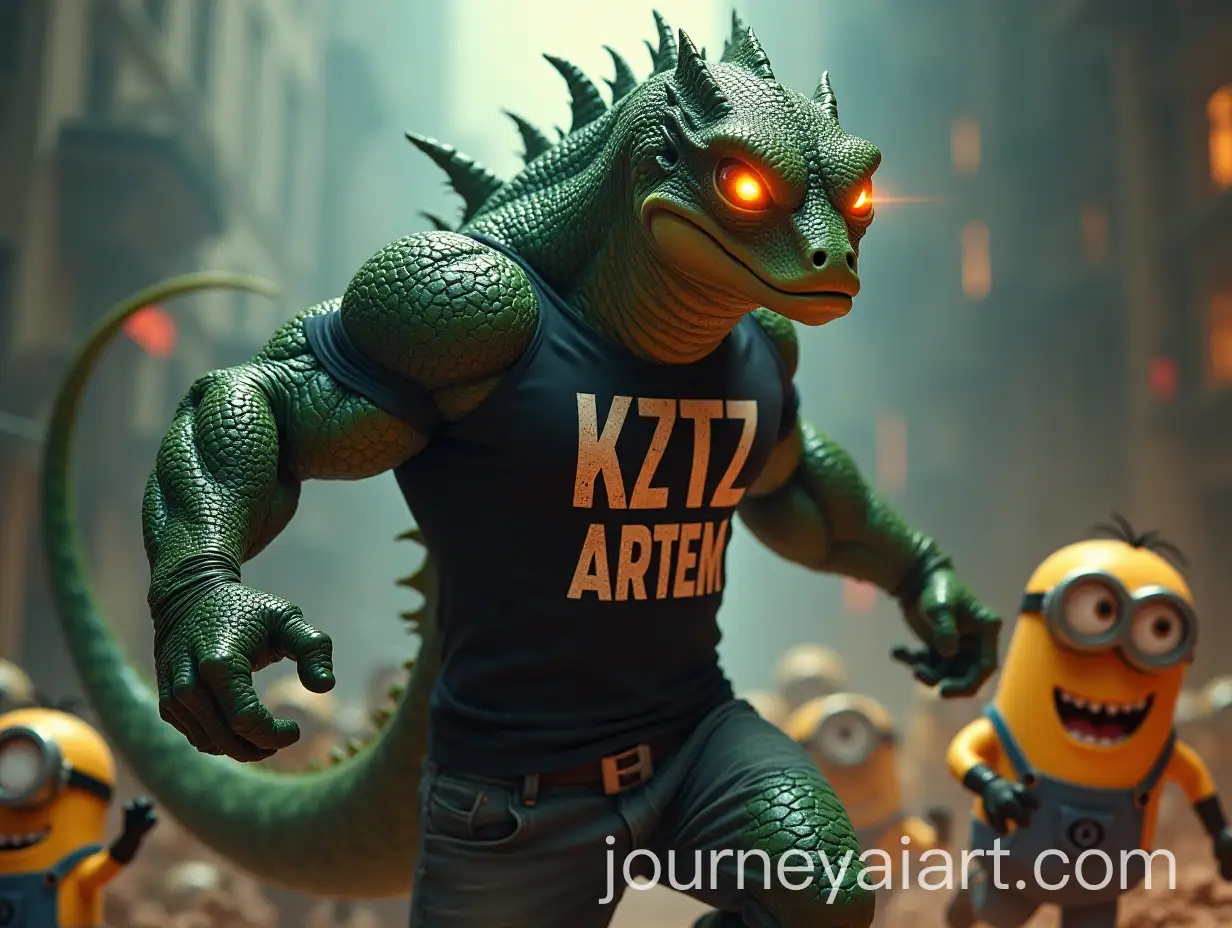 Muscular-Reptilian-Character-with-Laser-Eyes-Chasing-Minions
